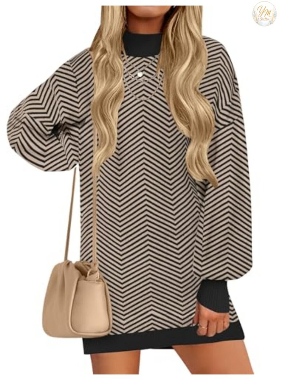 Mock Neck Mini Sweater Dress Loose Fit Lantern Sleeve Knit Pullover